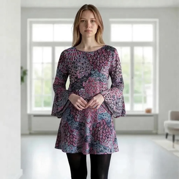 MSK Multicolor Abstract Bell Sleeve Round Neck Stretch Shift Dress Sz Large - Picture 1 of 6